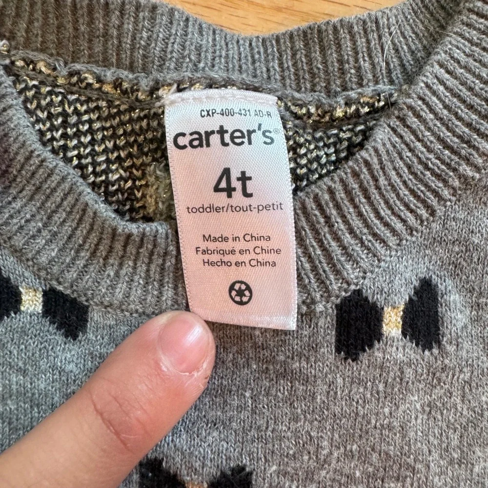 Carters Toddler Girls 4T Gray Bow Print Short Sleeve Sweater Dress Metallic Gold